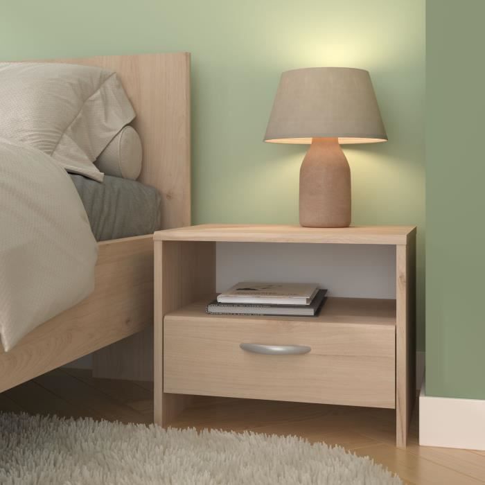 VARIA Complete Adult Bedroom Set - 140x190/200 Bed + 2 Bedside Tables + 1 Chest of Drawers + 1 Wardrobe with Mirror - Oak Finish - PARISOT