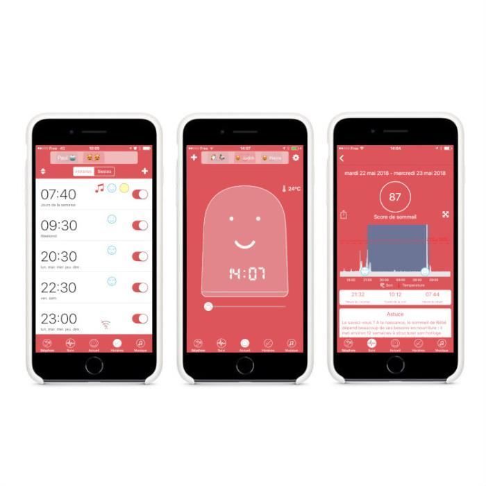 Réveil enfant éducatif REMI - Babyphone - Veilleuse & Berceuse - Suivi du Sommeil - Rouge