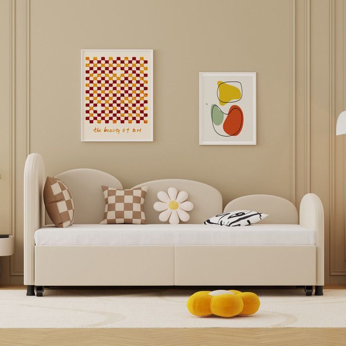 Lit Banquette 90x200 cm avec Lit Tiroir 90x190 cm - Banquette-Lit Convertible Moderne sans Matelas, Bois et Métal, Velours Beige