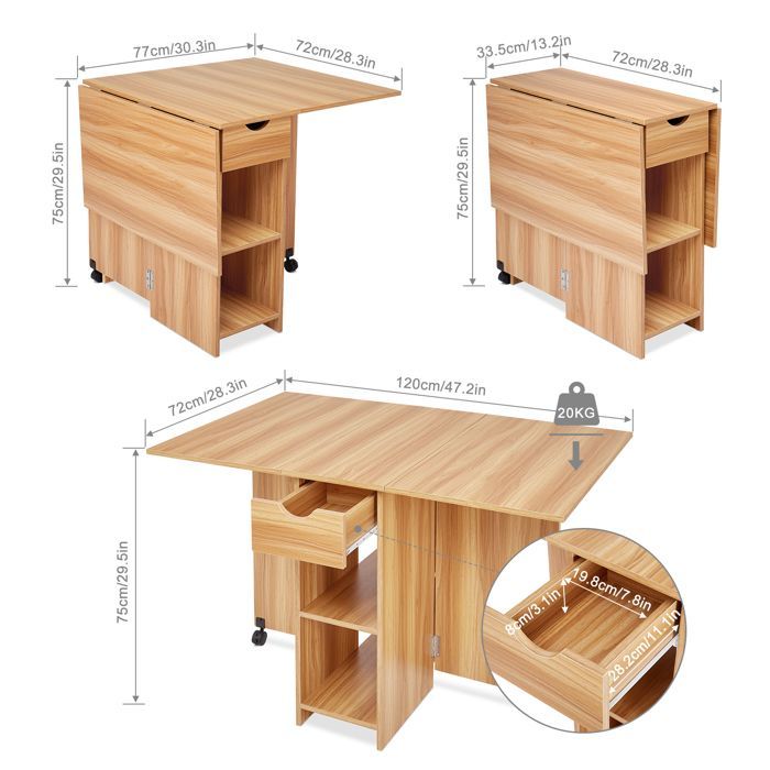 Mesa de comedor plegable Mondeer, mesa plegable con 1 cajón y 2 estantes, mesa de cocina para espacios pequeños, roble rojo.