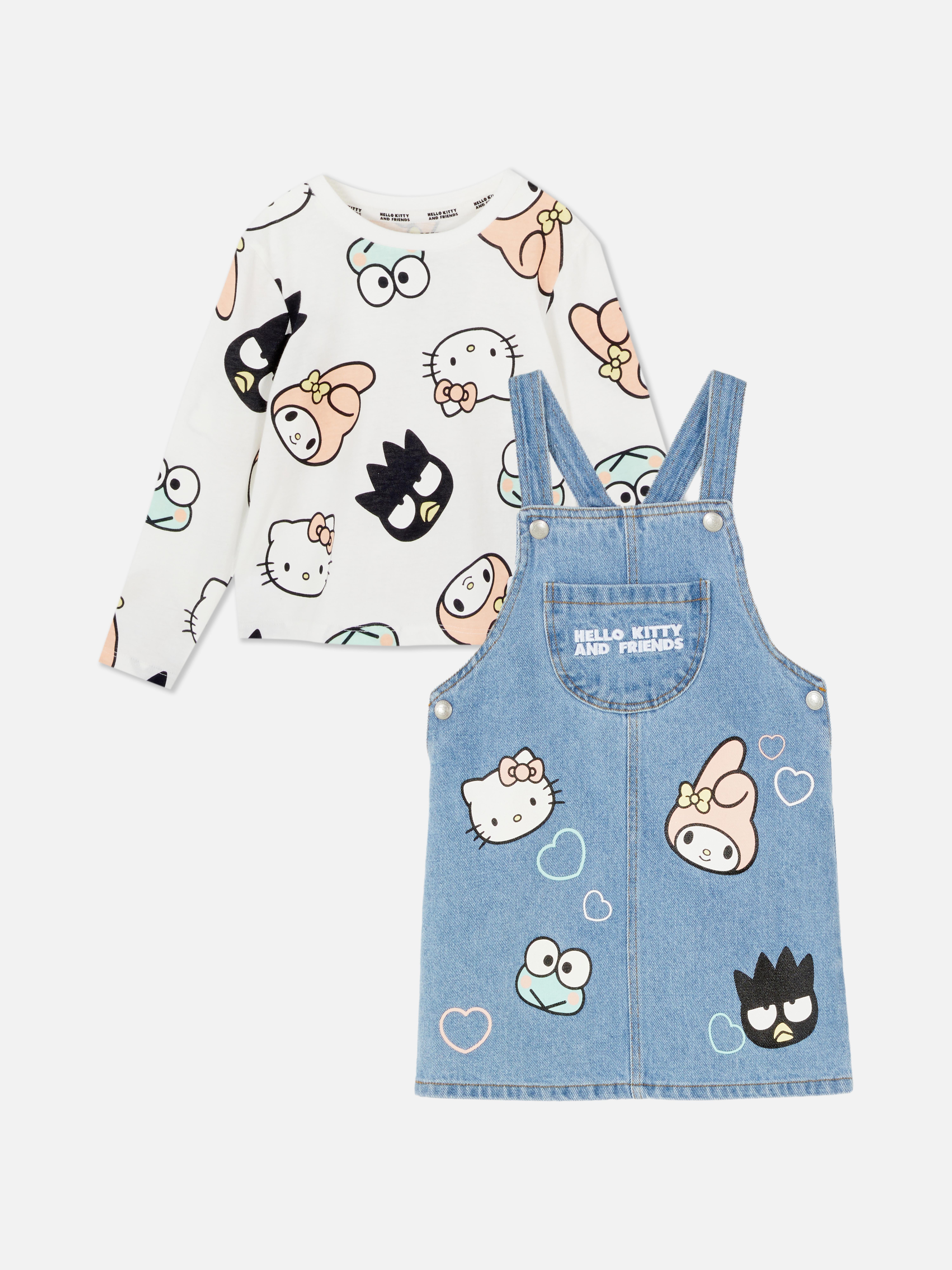 Hello Kitty und ihre Freunde: Schürzenkleid und Langarmshirt. Ein Langarmshirt und ein Jeans-Schürzenkleid mit Hello Kitty und ihren Freunden.