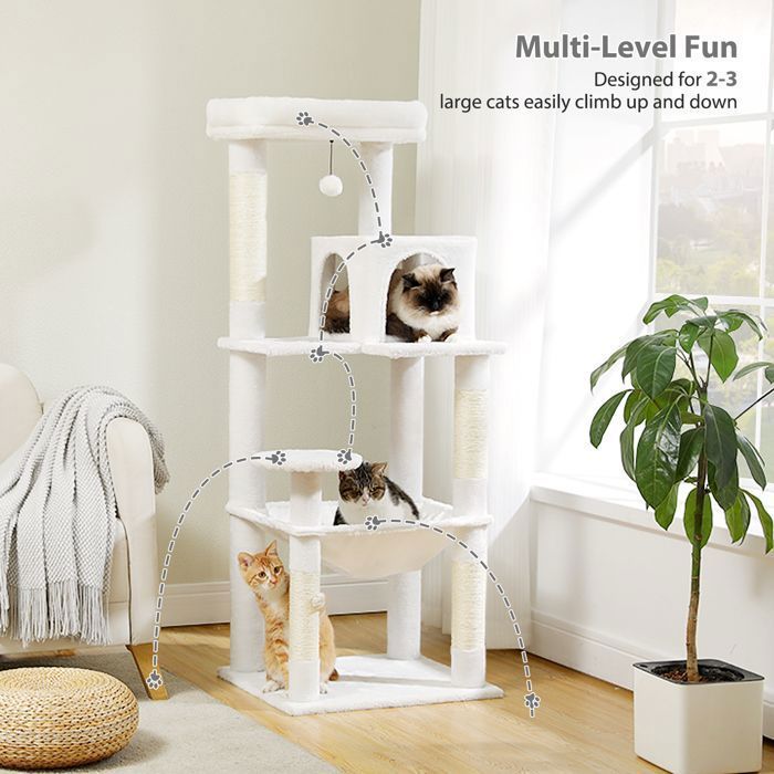 Árvore para Gatos PAWZ Road, Design Espaçoso, Grande, Robusta, Rede Estável com Casinha para Gatos - Branca - 143 cm