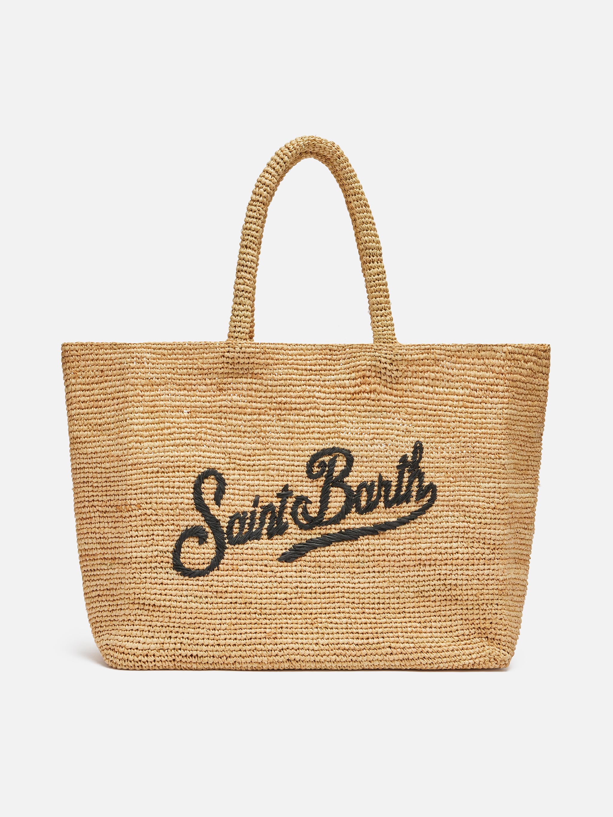 Beige raffia strandtas met katoenen binnenetui