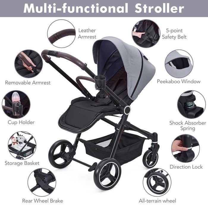 Poussette Canne - poussette 3 en 1- poussette compacte - Facile à Plier Portable - Gris - Capacité de charge 22 kg