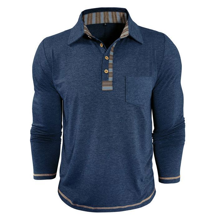 Polo da uomo a maniche lunghe, vestibilità regolare, con taschino, colori a contrasto, primavera/autunno - Taglia UE - Blu navy