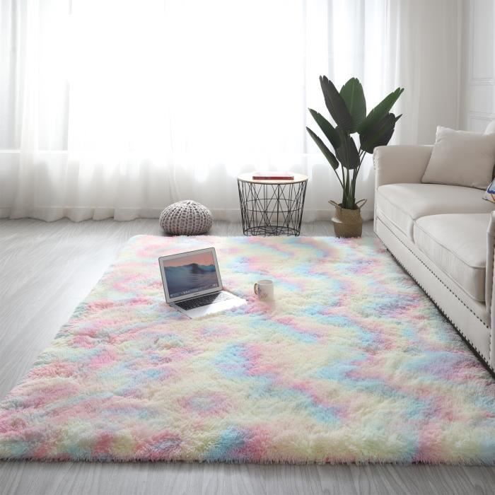 Regenbogenfarbener, zotteliger Wohnzimmerteppich 160 x 230 cm – Bettvorleger, Hochflorteppich für Wohnzimmer, Schlafzimmer, Sofa
