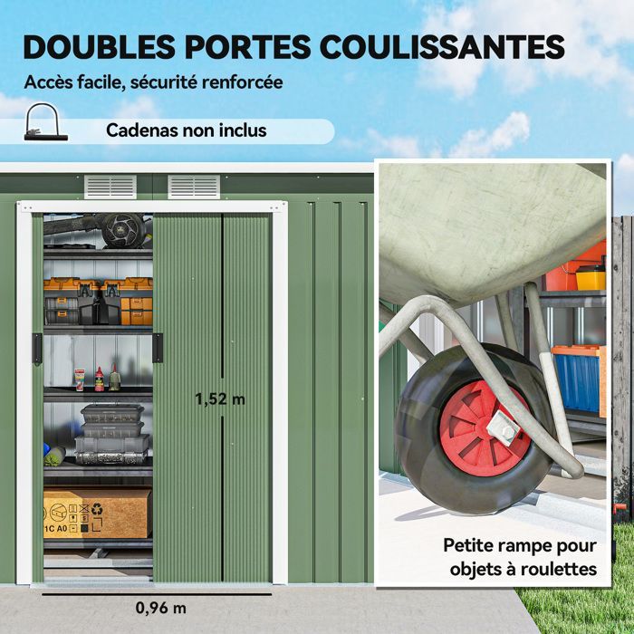 Abri de Jardin 3,6 m² Outsunny Remise à Outils avec kit de fondation en Acier galvanisé avec Portes coulissantes Vert clair