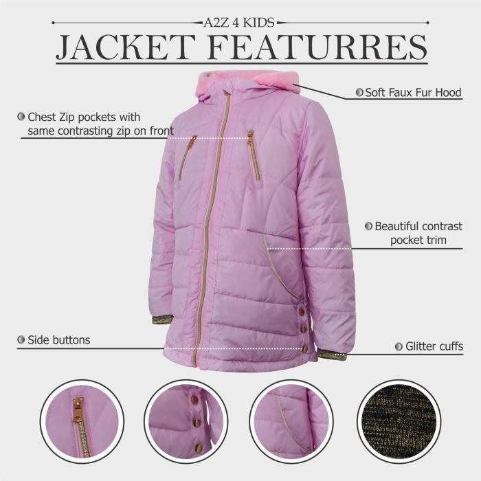 Girls' Casual Palangre School Jacket, Trendy Baby Pink Bubble Padded Urban Winter Coat, Ages 5-13