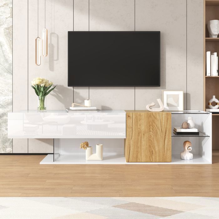 Mobile porta TV moderno - LEMONBEST - 180x38x48 cm - Bianco lucido - 2 ante - Ripiani in vetro temperato