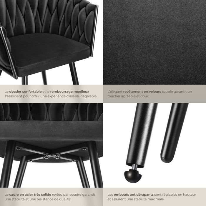 Chaises - TECTAKE - Lot de 6 fauteuils de salle à manger ASTANO en velours design noué avec pieds fin en acier - Noir