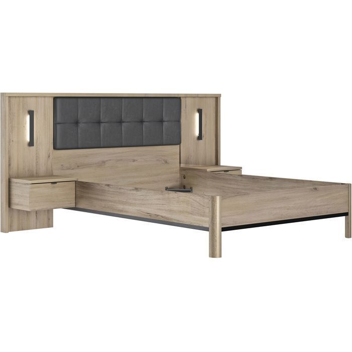 Volwassen bed met nachtkastjes met panelen - MAXIMIN - 140 x 190 cm - Licht Krönberg Eikenhout - GAMI