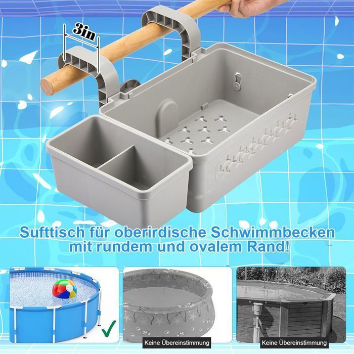 Cesta colgante 3 en 1 para piscinas, con soporte para vasos, accesorios incluidos y etiqueta.