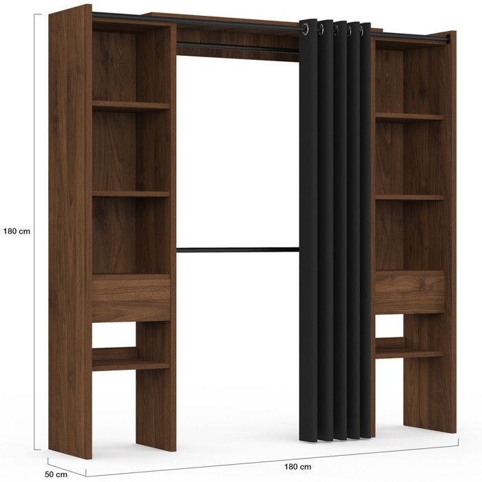 IDMARKET Dressing extensible double MERYL 120/180 x 50 x 180 cm noyer avec étagères + double penderie + rideau noir