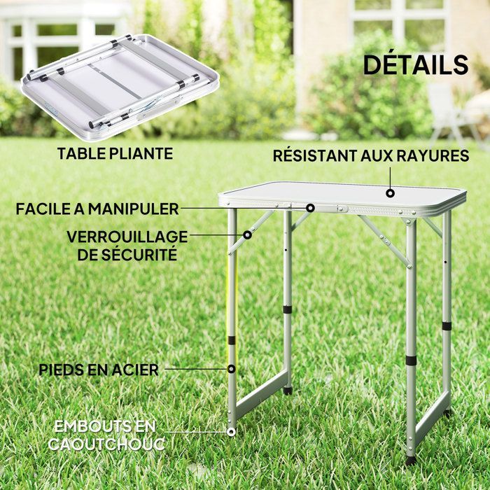 Mesa plegable Outsunny - ideal para camping, jardín o patio, altura regulable y que ahorra espacio - fabricada en aluminio y MDF - color blanco.