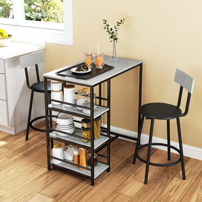 Mesa de bar con 2 taburetes - HOMCOM - estantes de almacenamiento - para comedor, cocina - gris y negro