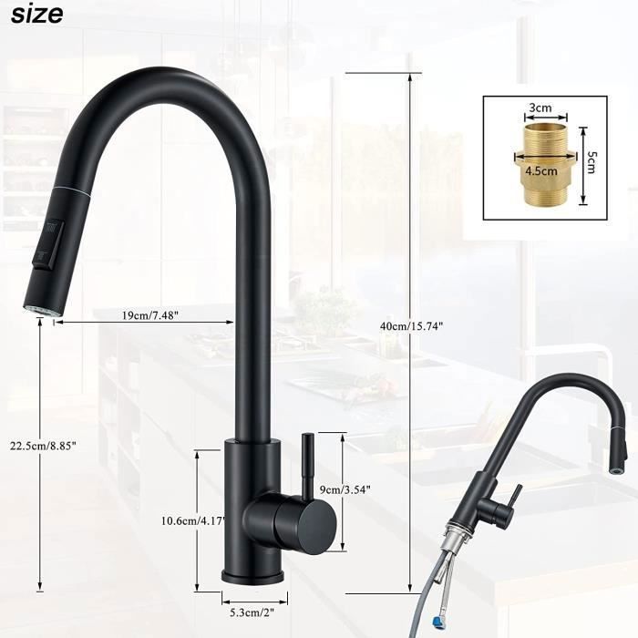 Rubinetto da cucina con doccetta estraibile - Miscelatore da cucina - Girevole a 360° - Doccetta estraibile - 2 tipi di getto - Nero