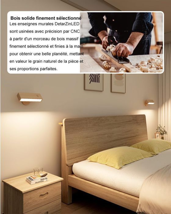 Set of 2 Bedside Lamps - Wireless Wall Lights - Rechargeable, LED, Wood - Wireless Wall Lamp, Wireless LED Wall Lamp