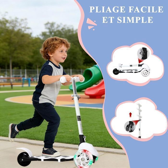 Monopattino pieghevole con 3 ruote illuminate a LED per bambini dai 2 ai 5 anni, manubrio regolabile in altezza su 3 posizioni, colore bianco.