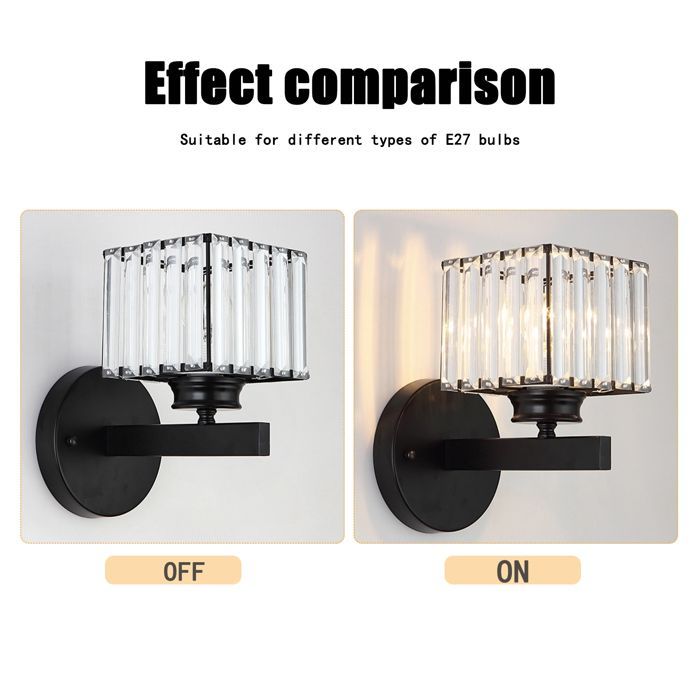 SNOGOLD Retro Kristallen Wandlamp, Moderne Vierkante Zwarte Kristallen Wandlamp, E27 Fitting voor Nachtkastje, Slaapkamer, Hal