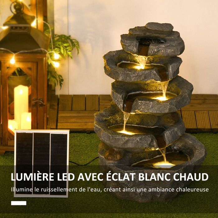 Fuente de jardín Outsunny de 5 niveles con cascada de roca, alimentada por energía solar, fabricada en resina con luces LED y bomba, color gris.