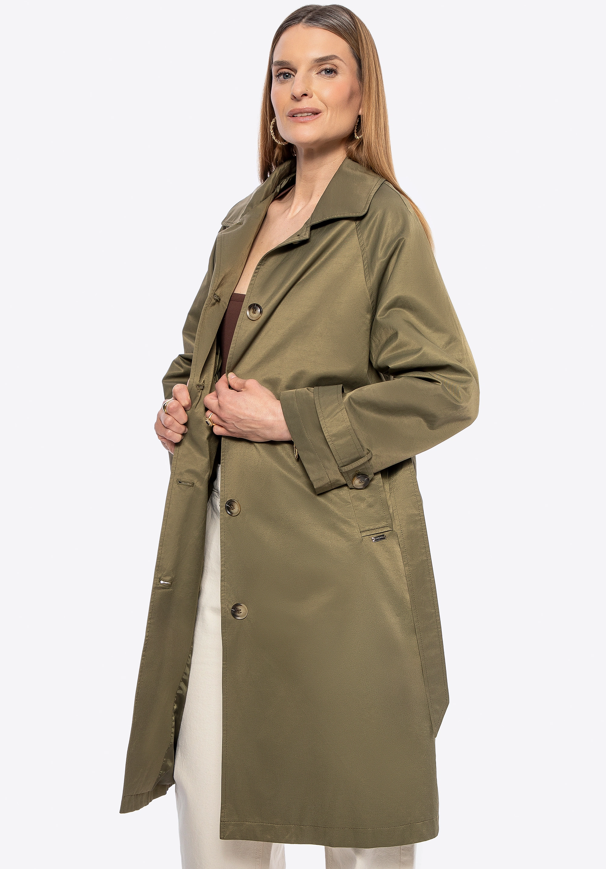 Damski trencz z domieszką bawełny khaki