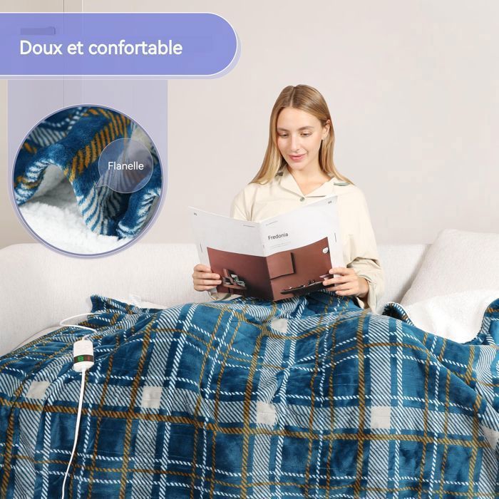 Manta elétrica aquecida de 130x185cm em flanela e veludo com 10 níveis de temperatura.
