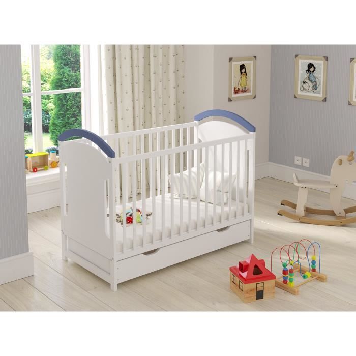 Lit d'enfant,lit bebe bleu-blanc 120x60cm avec tiroir et barrière de sécurité