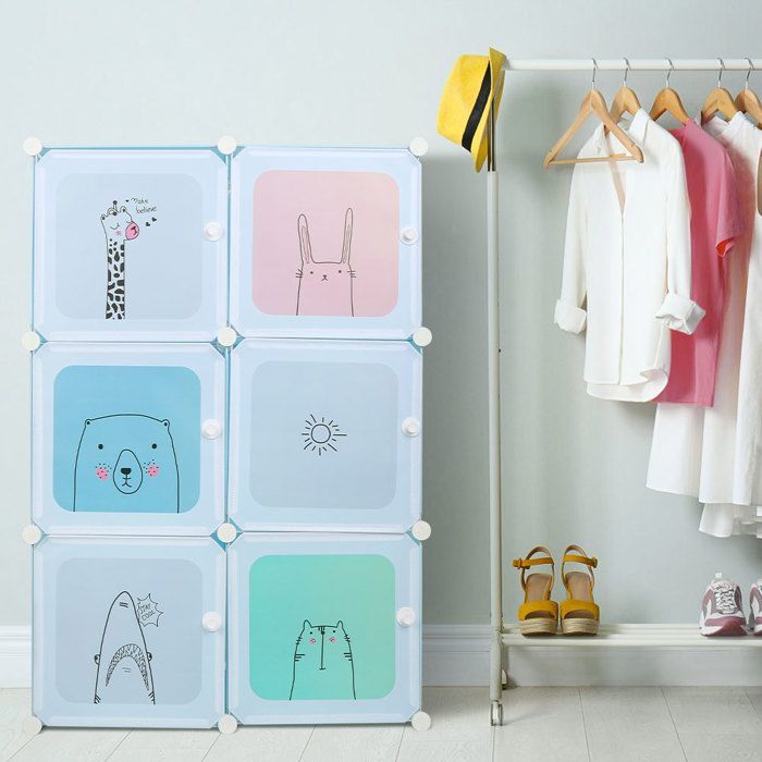 SUPFINE Armoire Chambre d'enfant en PP, 3 niveaux, Armoire Modulable avec 1 Tringle à vêtements, DIY, 74 × 37 × 110 cm, Bleu