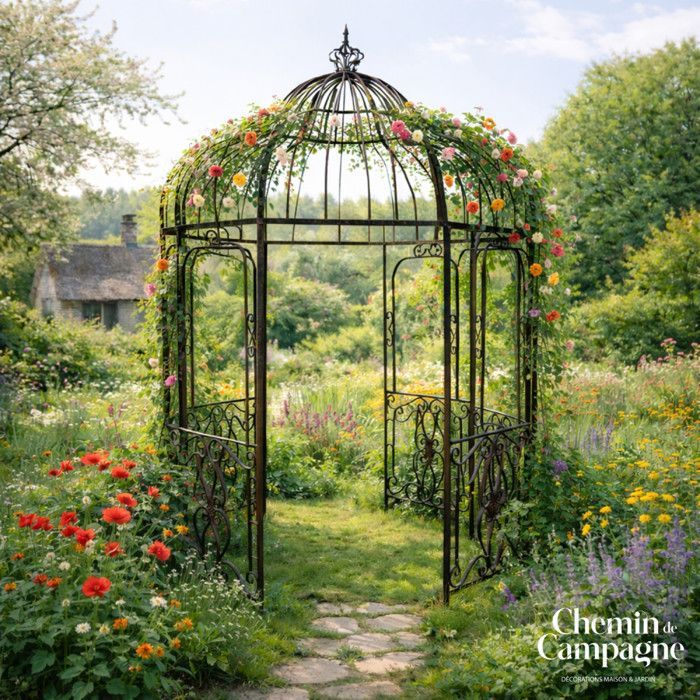 Gazebo/pergola/chiosco/riparo da giardino in ferro marrone, Ø208 x Ht.314 cm