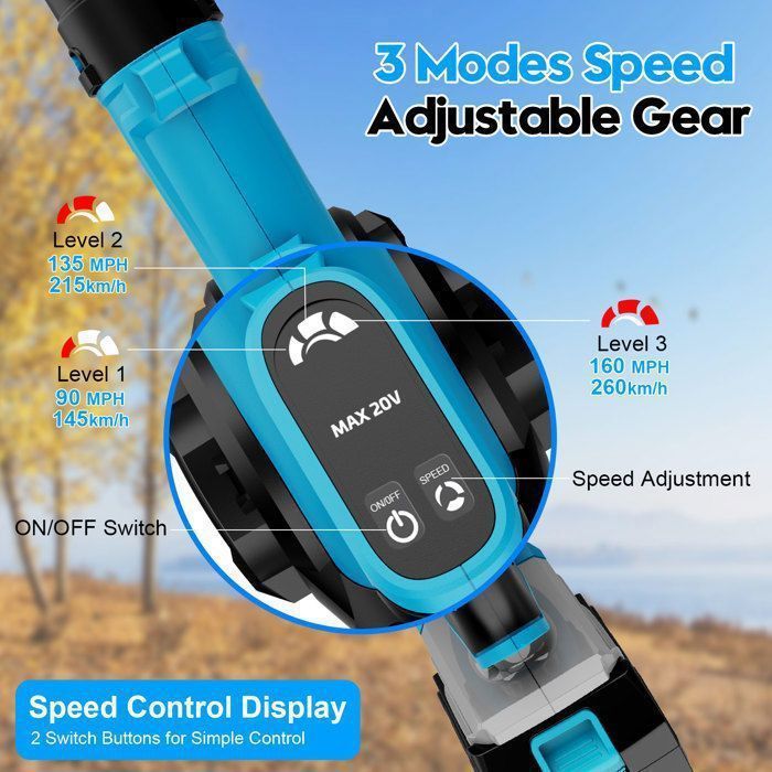 Soplador de hojas inalámbrico TANBABY 260 km/h – 2 baterías de 21 V 3000 mAh, mango de 270°, 4 boquillas, 1,3 kg