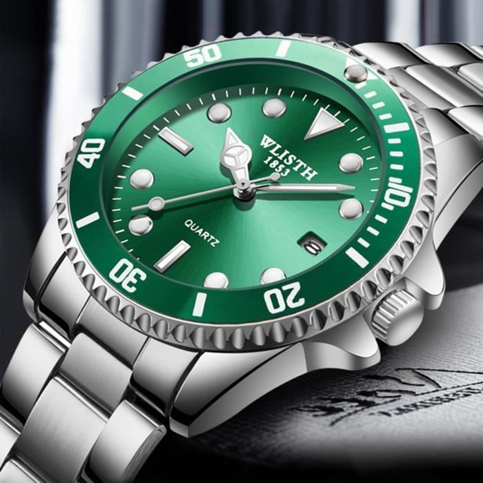 SHARPHY Men's Quartz Watch with Luminous Calendar, Multifunction, Steel Bracelet, Waterproof, Silver/Green, Gift