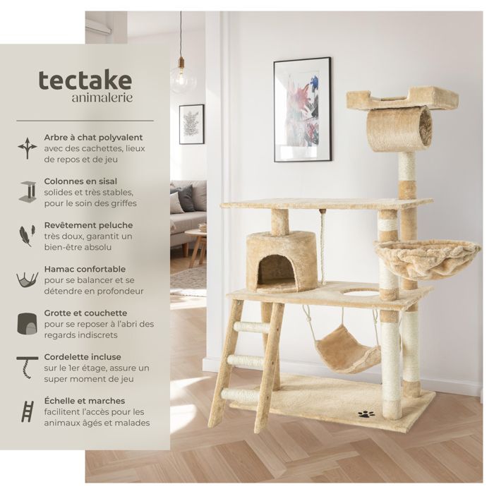 Árbol rascador para gatos - TECTAKE - MARCEL, 141 cm de altura, con cuerda, poste rascador y zonas de descanso - Beige