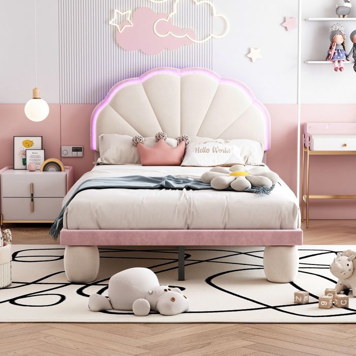 Cama de solteiro - SINGULARITY - Cama estofada 90x200 cm - Cabeceira recortada e capitonê - LED multicolorido - Veludo bege e rosa