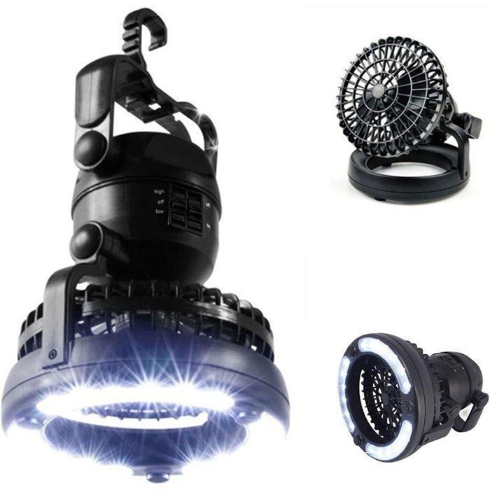 Ventilador de camping 2 em 1 com LED, portátil, para pendurar, 15 cm, 2 velocidades, rotação de 360°, funciona a bateria – Preto