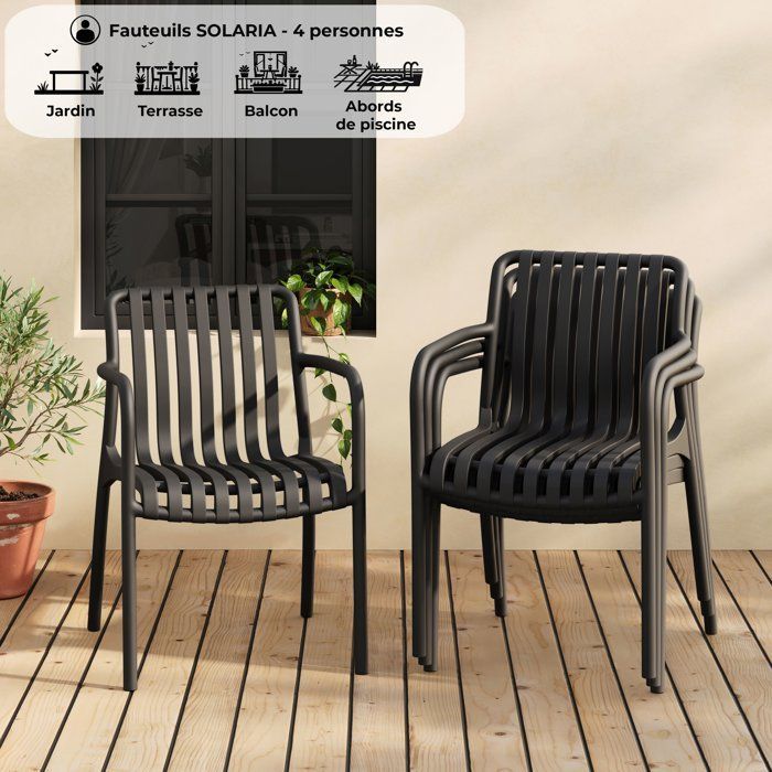 Juego de 4 sillas de jardín - SOLARIA - Apilables - Polipropileno reforzado - 55 x 58 x 81 cm - Negro