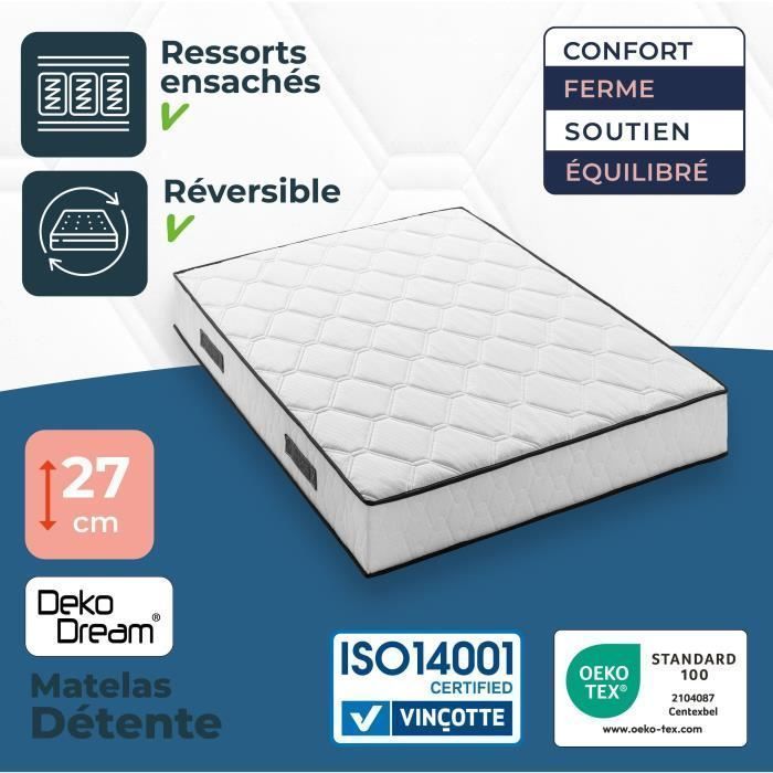 Mattress 140 x 200 cm - Height 27 cm - 580 pocket springs - 7 zones - Balanced - Reversible - Made in Belgium - DEKO DREAM