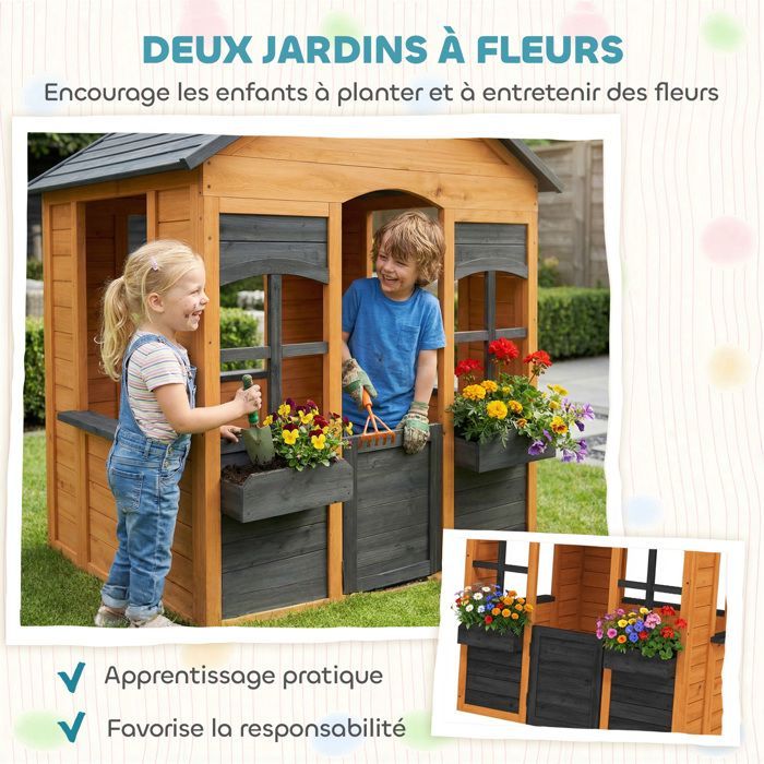 Casita de juegos de madera para exteriores, para niños, con media puerta, ventanas y jardineras, para edades de 3 a 8 años, color marrón claro.