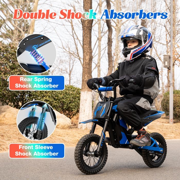 EVERCROSS TECH Blauwe elektrische motorfiets voor kinderen, 350W, 3 versnellingen 8-25 km/u, 12 inch all-terrain banden, actieradius 15 km, geweldig cadeau