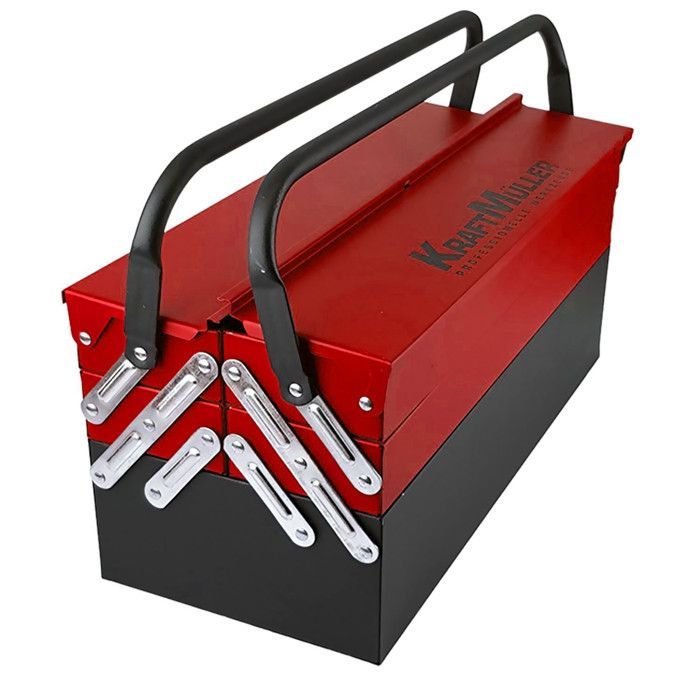 Kraft Müller KM-85PCS RED BLACK ultra-resistant metal toolbox with 85 chrome vanadium tools, screwdrivers, and pliers.