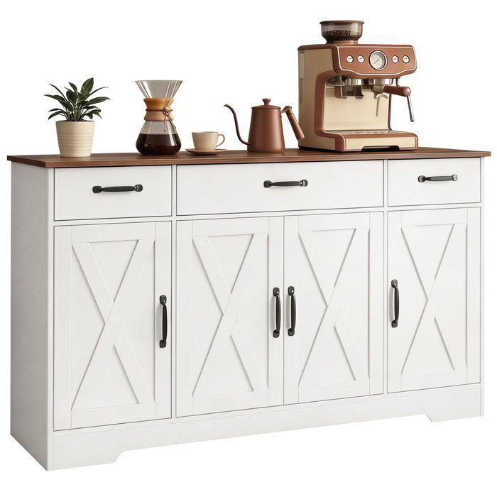 Aparador de cocina - HOMCOM - 4 puertas correderas, 3 cajones y estantes ajustables - madera - 140 x 40 x 81 cm - blanco