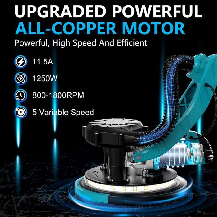 Levigatrice Giraffe da 1250 W con aspirazione automatica della polvere - Impugnatura telescopica e pieghevole - 6 velocità da 800 a 1800 giri/min - Testa rotante a 90°