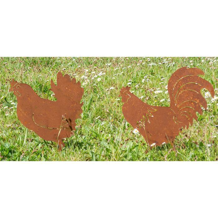 Décors de jardin en métal poule + coq (lot de 2)