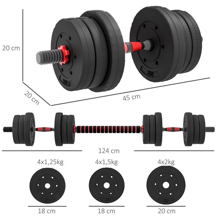 Juego de mancuernas cortas - HOMCOM - peso total 20 kg - 2 en 1 - peso ajustable - barras incluidas - entrenamiento muscular - negro