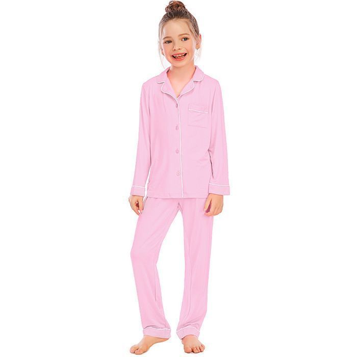 Pijama de manga larga para niña, de entretiempo, color liso, cómodo - Rosa claro