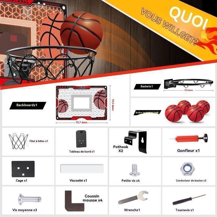 Canestro da basket da interno, mini canestro in acrilico per bambini, da parete, con 4 palloni, giochi di basket, giocattoli, regalo per ragazzi