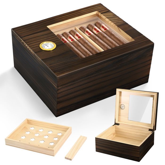 Humidor per sigari, scatola in legno a doppia parete con divisorio e igrometro digitale, per 25-50 sigari.