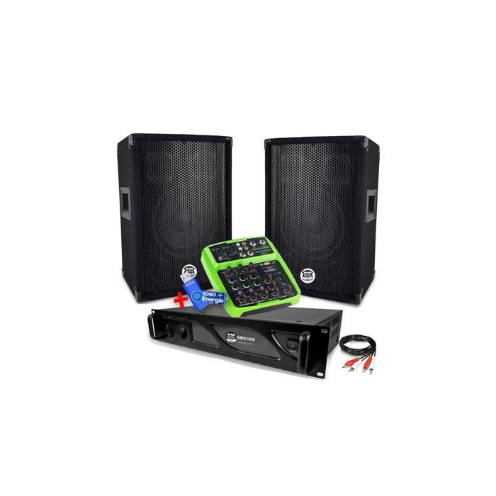 PA system package: 2 BMS08 speakers, 1000W BMS1000 amplifier, Mini4 mixer + 32GB USB flash drive