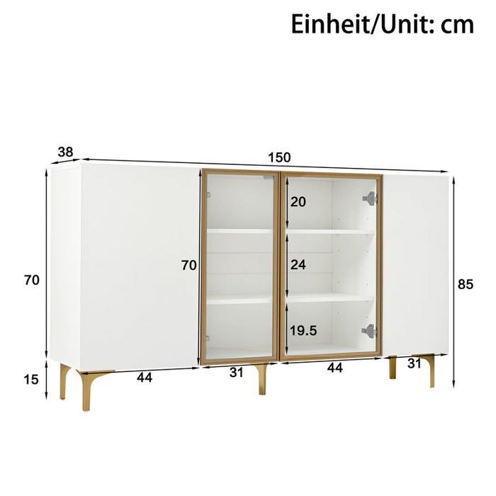 Modern wit dressoir met 4 deuren, gehard glas en gouden metalen poten, minimalistisch design met veel opbergruimte.