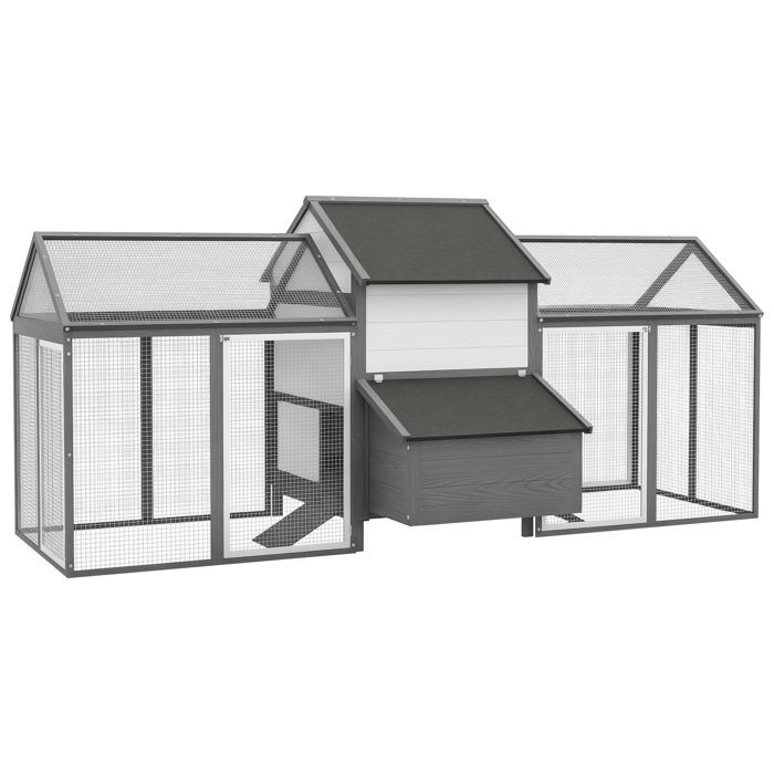Pollaio in legno - PawHut - 2 recinti modulari, nido riparato, nido per la deposizione delle uova, vassoio per gli escrementi, posatoio, rampa - 247x118x113 cm - Grigio