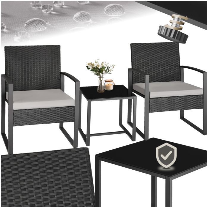 Garden furniture - TECTAKE - GRANADA 2-seater outdoor lounge set in sturdy rattan with a glass-topped table - Black